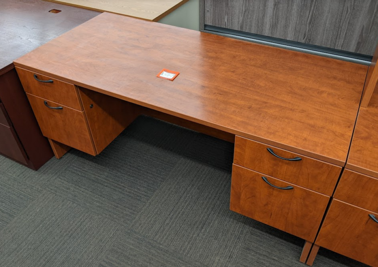 Steelcase Cherry Double Ped Desk with Hutch Used Welter Storage