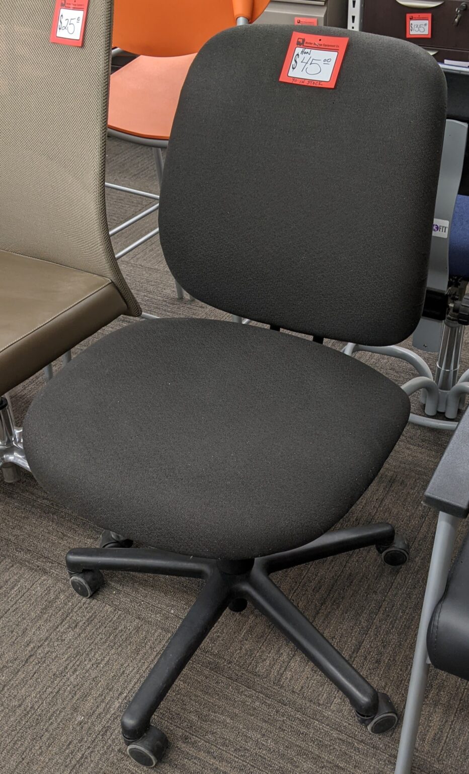 HON Black Fabric Armless Office Chair Used Welter Storage