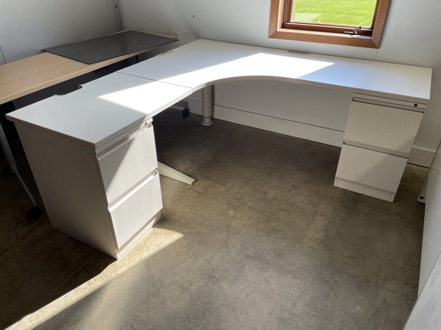 KI Brand 72"x72" White Corner Desks w/ 2 File/File Drawer Pedestals