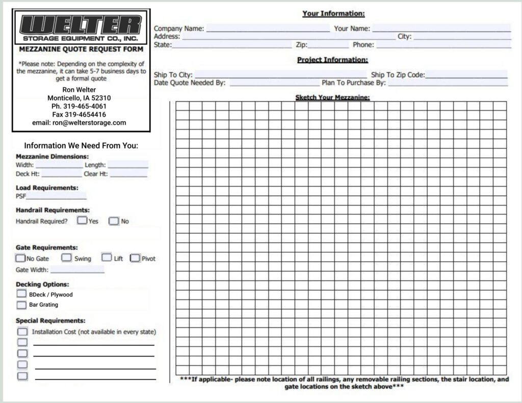 Printable Welter Storage Mezzanine Quote Request Sheet