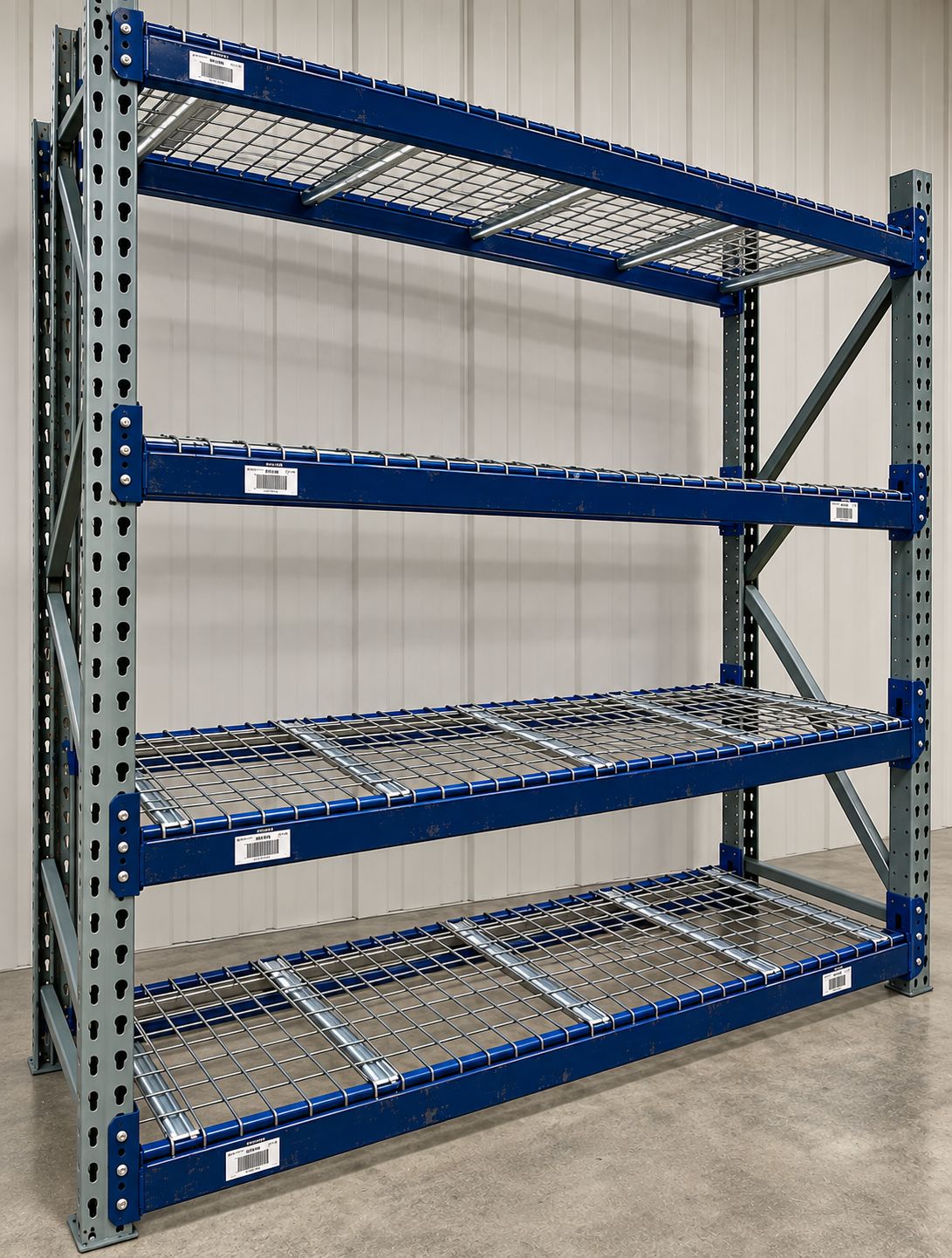 30” Deep x 96” Long Teardrop Pallet Rack Shelving w/ New 3-Channel Decks - Used