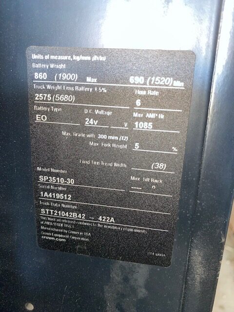 #001 Crown SP3510-30 Forklift - Used - Image 8