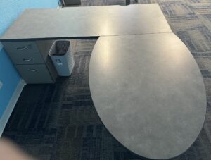 Steelcase Grey L-Shape Desk w/ Round Peninsula & 1 BBF - Used