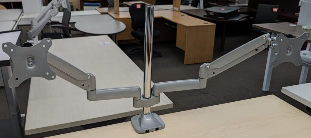 Silver/Chrome Adjustable Desk Clamp Dual Monitor Mount - Used