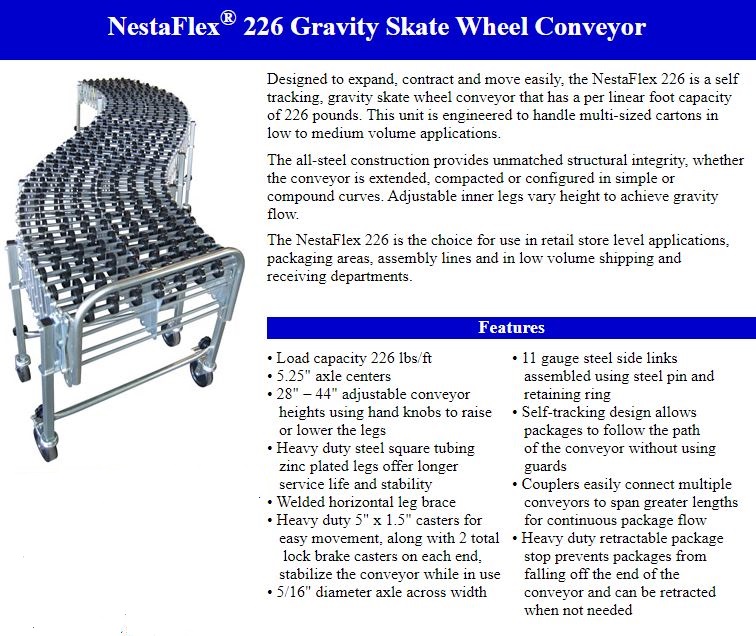 NestaFlex® 226 Gravity Skate Wheel Conveyor 3'to12' Never Been Used