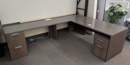 Gunlocke Two-Tone Grey/Brown Walnut L-Shape Desk Set - Used
