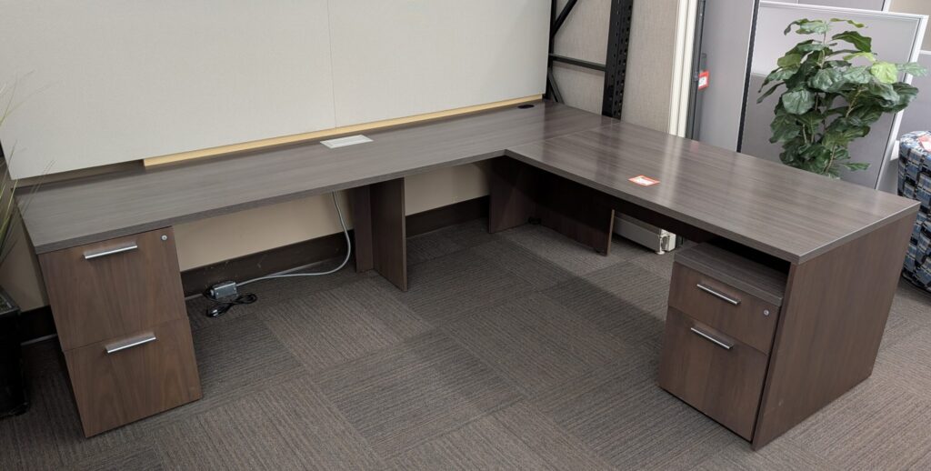 Gunlocke Two-Tone Grey/Brown Walnut L-Shape Desk Set - Used