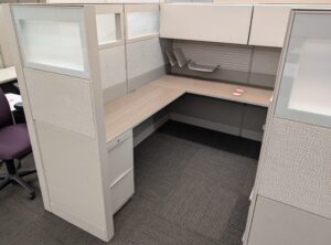 Alternative view of Teknion 7'x7' Beige Fabric Opaque Glass Panel Workstations w/ Electrical - Used