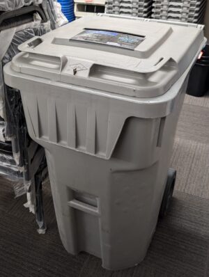 IPA Grey 95 Gallon Garbage Bin w/ Wheels & Slotted Lid - Used