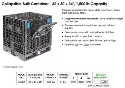 Collapsible Bulk Container 32"x30"x34" / Uline # H-4051BLK / 1500 LB Capacity - Used - Image 3