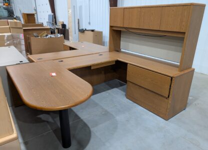 HON Medium Oak 8'x5.5' U-Shape Peninsula Desk Set w/ Hutch - Used