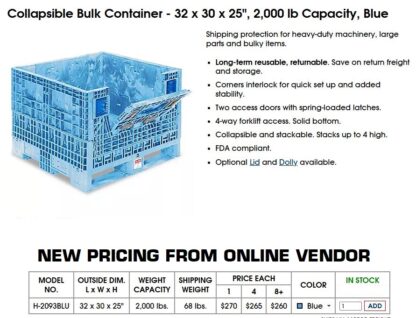 Collapsible Bulk Container 32"x30"x25" / Uline # H-2093BLU / 2000 LB Capacity - Used - Image 12