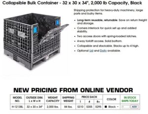Collapsible Bulk Container 32"x30"x34" / Uline # H-1213BLK / 2000 LB Capacity - Used - Image 3