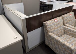 Walnut / Taupe / Light Grey 6'x7' Panel Workstations w/ Electrical - Used - Image 5