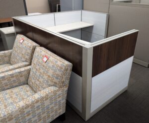 Walnut / Taupe / Light Grey 6'x7' Panel Workstations w/ Electrical - Used - Image 4