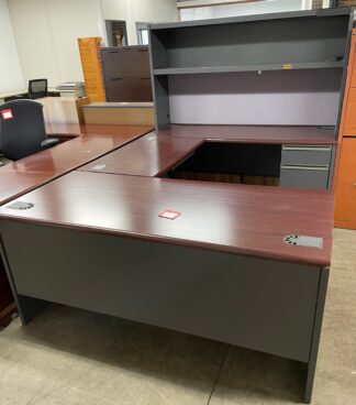 HON 38000 Series U-Shape Mahogany/Charcoal Desk Set w/ Hutch- Used