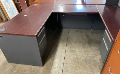 HON 38000 Series U-Shape Mahogany/Charcoal Desk Set w/ Hutch- Used - Image 3