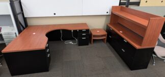 Cherry/Black L-Shape Desk, Buffet Credenza, Hutch, and Side Table Set - Used