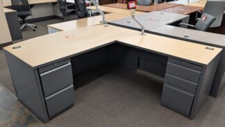 Allsteel Maple/Charcoal Bowfront L-Shape Desk Set - Used