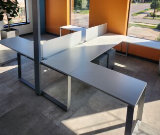 White Double L-Shape Benching Stations w/ Divider Panels - Used