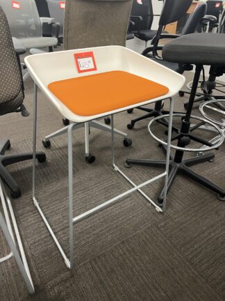 White Cafe Stool w/ Orange Fabric Seat and Sled Base - Used