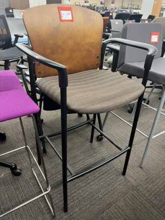 Gray Fabric Seat and Cherry Veneer Back Stool w/ Fixed Arms - Used