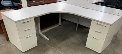 KI 6'x6' White Corner L-Shape Desk w/ Steelcase Repainted Drawer Pedestals - Used