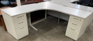 KI 6'x6' White Corner L-Shape Desk w/ Steelcase Repainted Drawer Pedestals - Used