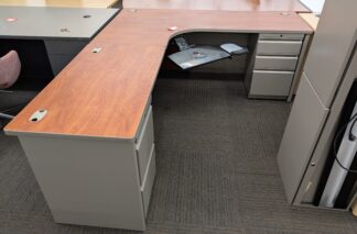 Cherry Laminate Taupe Steel 6'x7' L-Shape Desk Set (Left Return) - Used