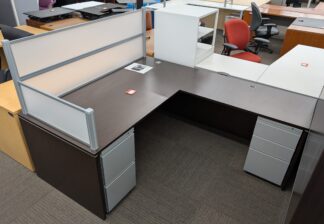 Espresso 6'x7' Desk Set w/ Opaque Privacy Panels & 2 Pedestals (R Return) - Used