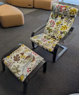 IKEA "POANG" Floral Design Fabric Lounge Chair w/ Ottoman - Used