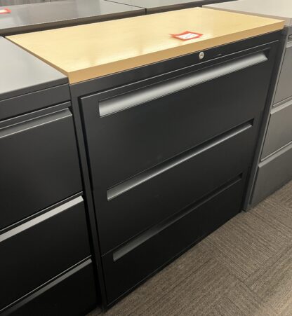 Black 3-Drawer Lateral File w/ Maple Laminate Top - Used