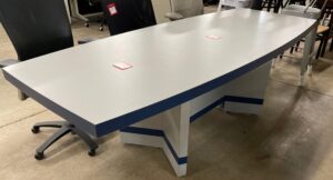 Grey 42"x108" Boat Shape Conference Table w/ Blue Trim - Used - Image 3