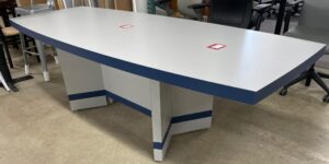 Grey 42"x108" Boat Shape Conference Table w/ Blue Trim - Used