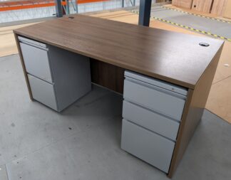 Walnut Laminate 5'x30" Shell Desk w/ 2 Silver Pedestals - Used