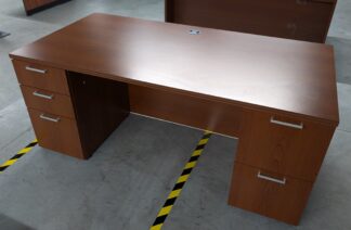 Cherry Laminate 3'x6' Double Pedestal Desk w/ Silver Handles - Used