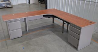 Cherry/Taupe 84"x90" L-Shape Steel Desk Set - Used