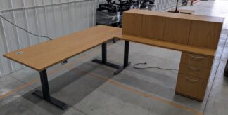 Maple 84"x90" Height-Adj. L-Shape Desk Set w/ Wall-Mounted Hutch - Used