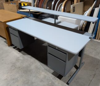 Grey/Charcoal Double Pedestal Desk w/ Raised Shelf - Used