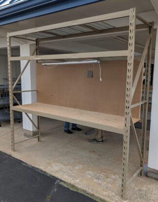 Taupe 8'x2'x8'H Workbench w/ Pegboard and Hooks - Used