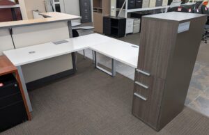 White/Silver/Grey 66"x78" Desk Set w/ Storage Tower - Used