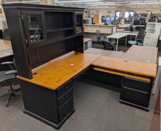 Golden Oak / Black 80"x68" L-Shape Desk Set w/ Hutch - Used