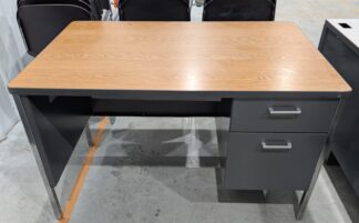 Oak Laminate Charcoal Steel 4'x30" Single Ped Desk w/ Center Drawer - Used