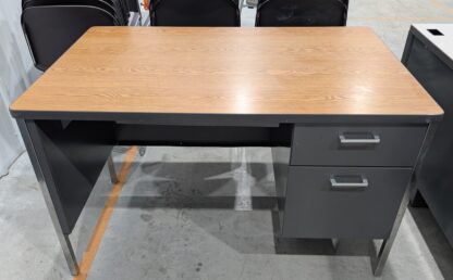 Oak Laminate Charcoal Steel 4'x30" Single Ped Desk w/ Center Drawer - Used