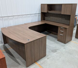 Walnut 71"x9' Bowfront U-Shape Desk Set w/ Hutch & Pedestal - Used