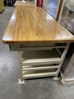 36"x 120" Butcher Block Adjustable Steel Tables w/ 1-Drawer & Bottom Shelf / Refinished & Repainted - Used - Image 3