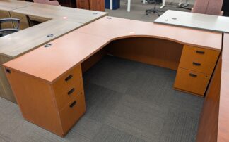 Cherry 72"x78" L-Shape Desk Set w/ Ergo Corner & 2 BBF Pedestals - Used