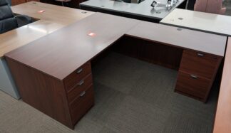 Mahogany Laminate 6'x7' L-Shape Desk Set w/ 2 Pedestals - Used