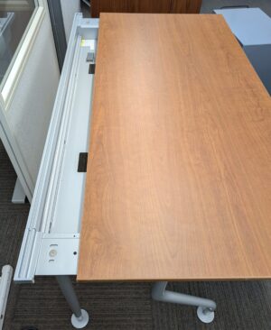 Alternative view of Cherry/Silver 5'x30" Adjustable Height Table w/ Slide Function - Used
