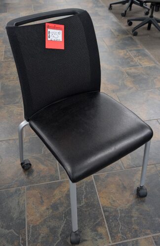 Black Vinyl Seat Mesh Back Silver Leg Mobile Stacking Guest Chairs - Used